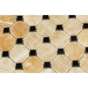 Honey Onyx Polished Octagon Mosaic Tile w/ Black Dots - Tilephile
