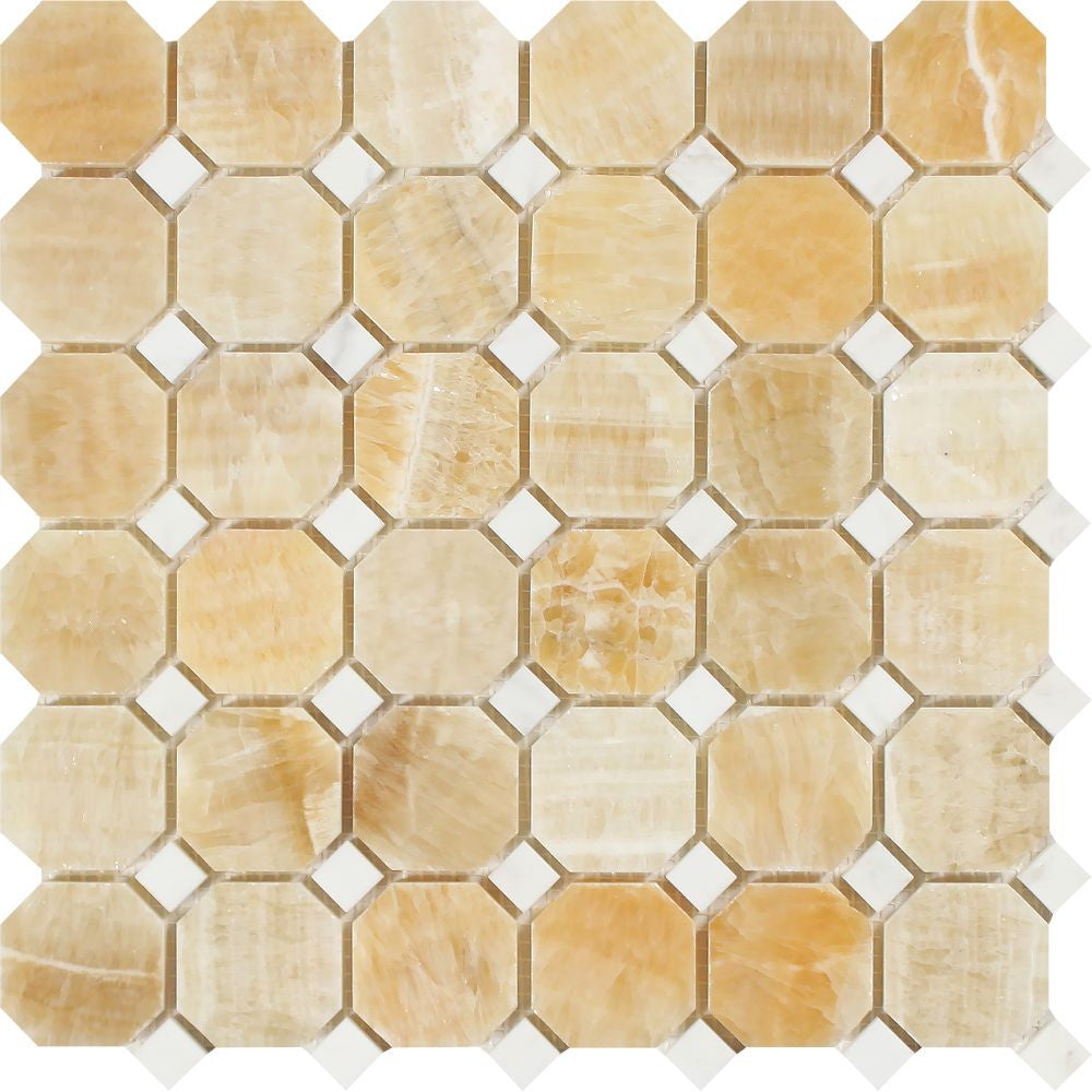 Honey Onyx Polished Octagon Mosaic Tile w/ White Dots Sample - Tilephile