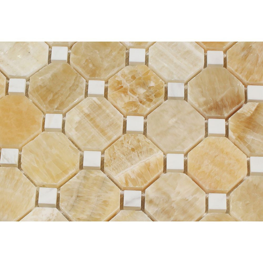 Honey Onyx Polished Octagon Mosaic Tile w/ White Dots - Tilephile