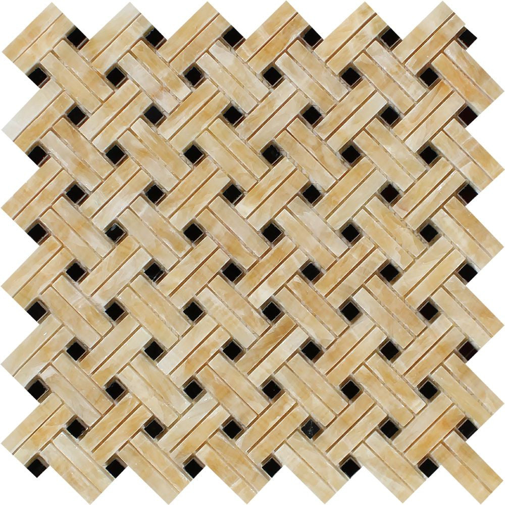 Honey Onyx Polished Stanza Mosaic Tile w/ Black Dots Sample - Tilephile