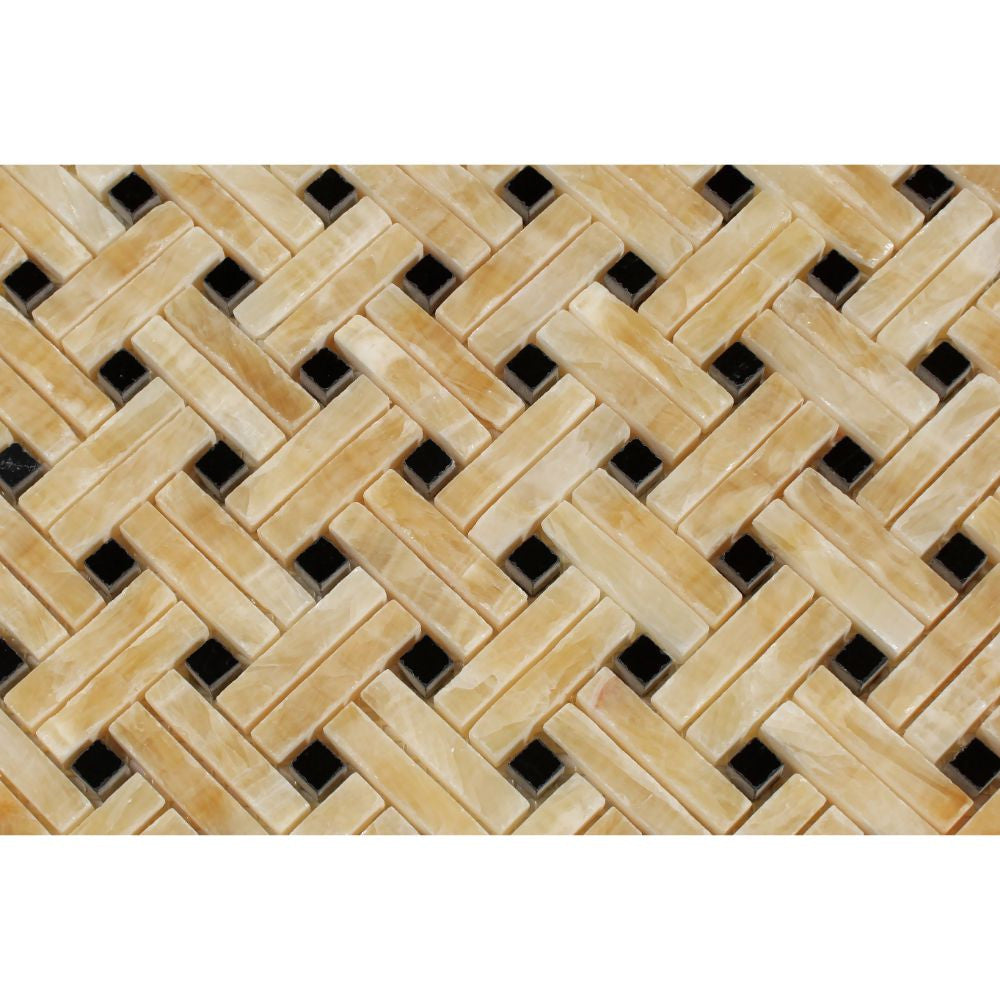 Honey Onyx Polished Stanza Mosaic Tile w/ Black Dots - Tilephile