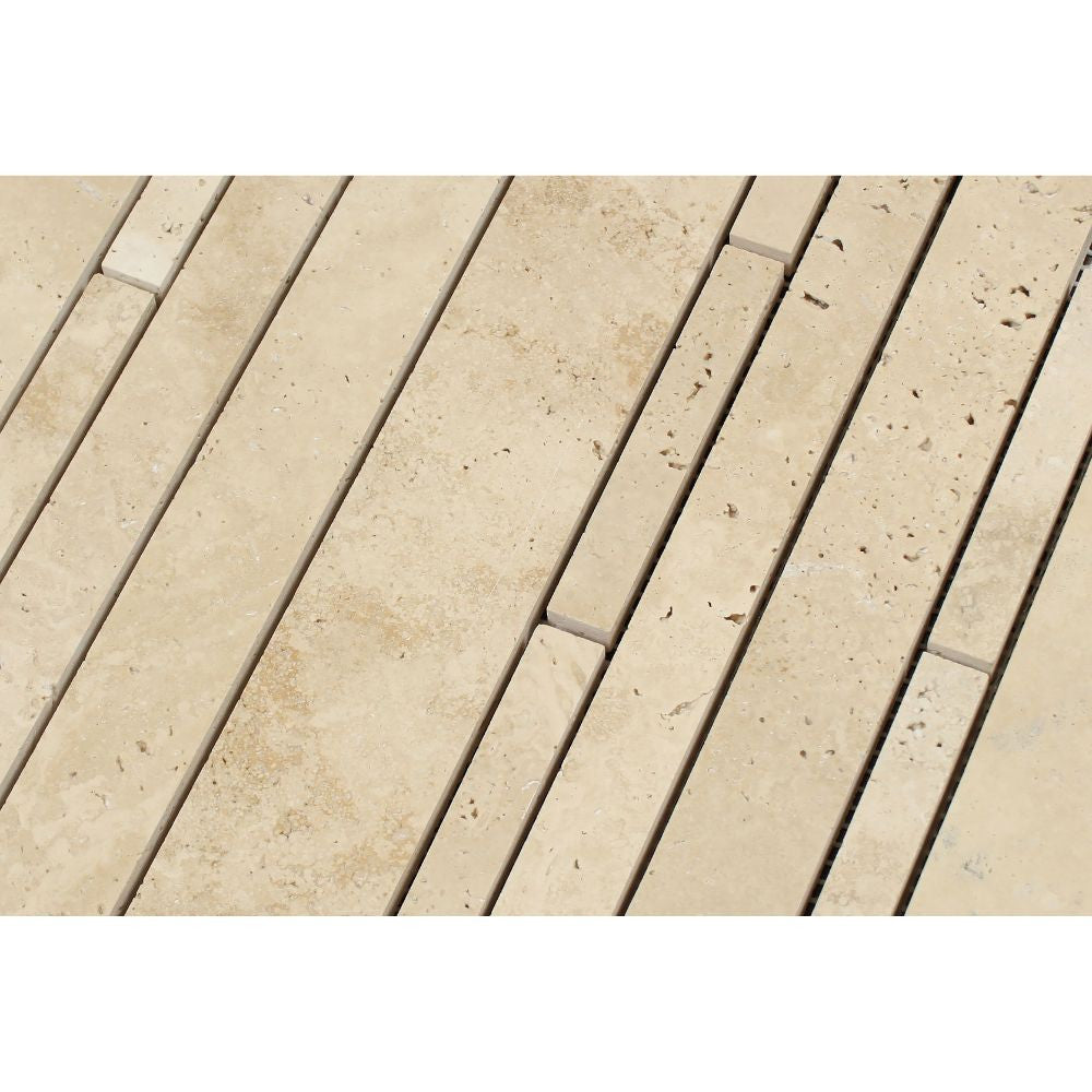 Ivory Honed Travertine Random Strip Mosaic Tile - Tilephile