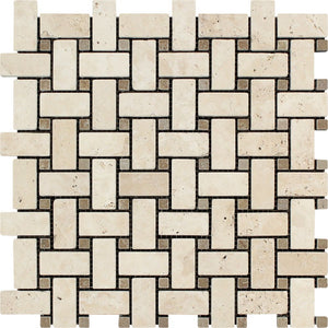 Ivory Tumbled Travertine Basketweave Mosaic Tile w/ Noce Dots - Tilephile