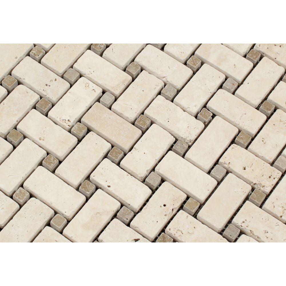 Ivory Tumbled Travertine Basketweave Mosaic Tile w/ Noce Dots - Tilephile