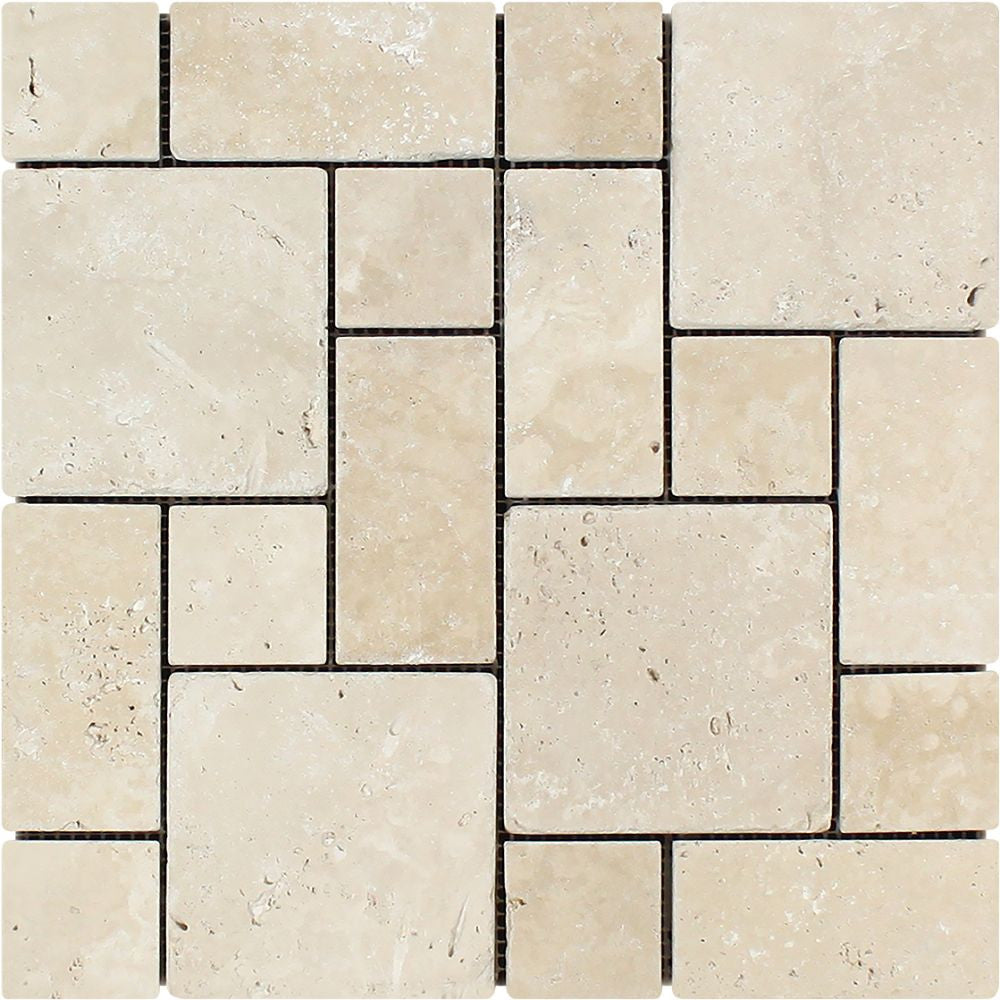 Ivory Tumbled Travertine Mini Pattern Mosaic Tile (Non-Interlocking) Sample - Tilephile