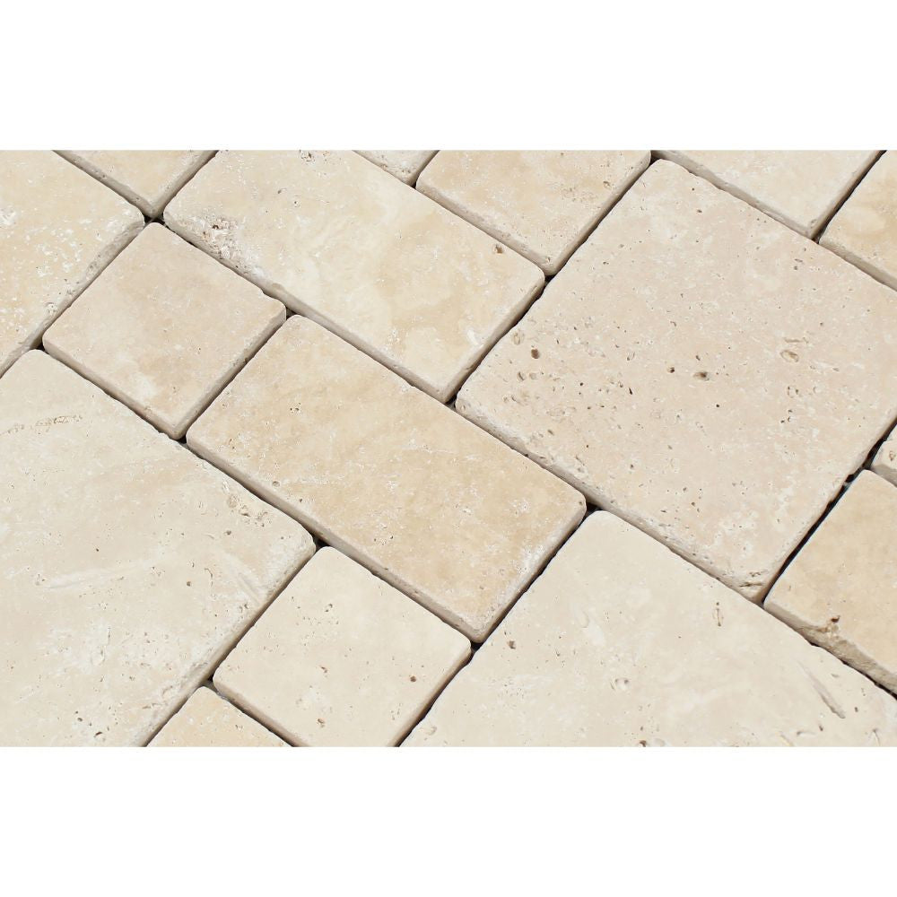 Ivory Tumbled Travertine Mini Pattern Mosaic Tile (Non-Interlocking) - Tilephile