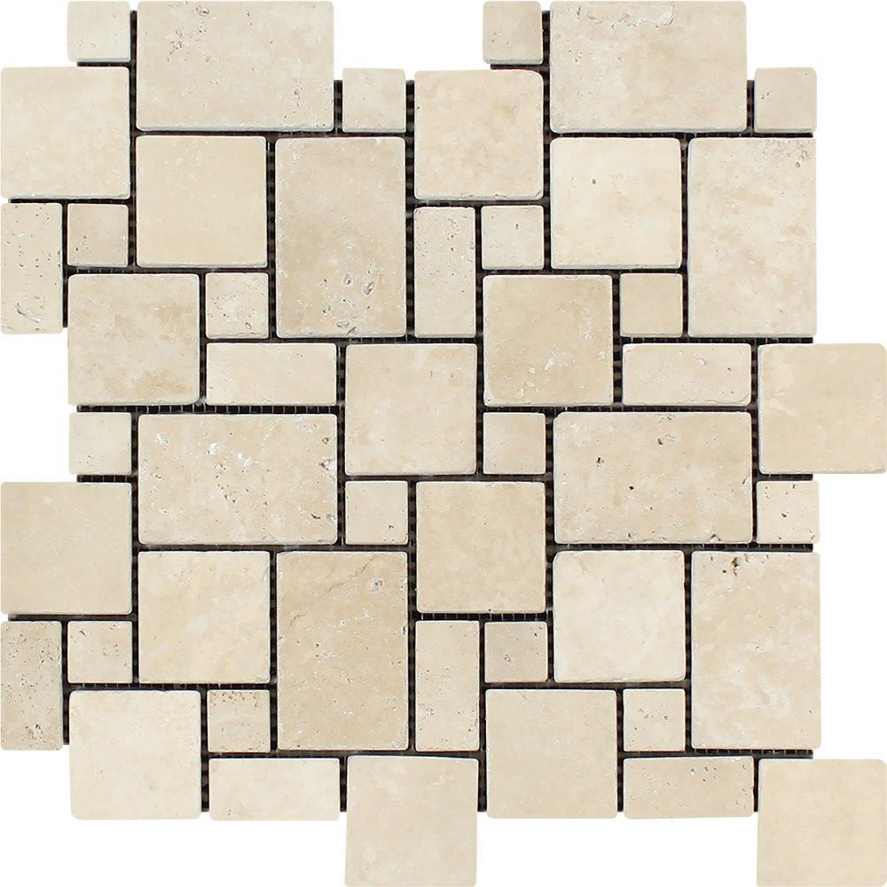 Ivory Tumbled Travertine Mini Versailles Pattern Mosaic Tile Sample - Tilephile