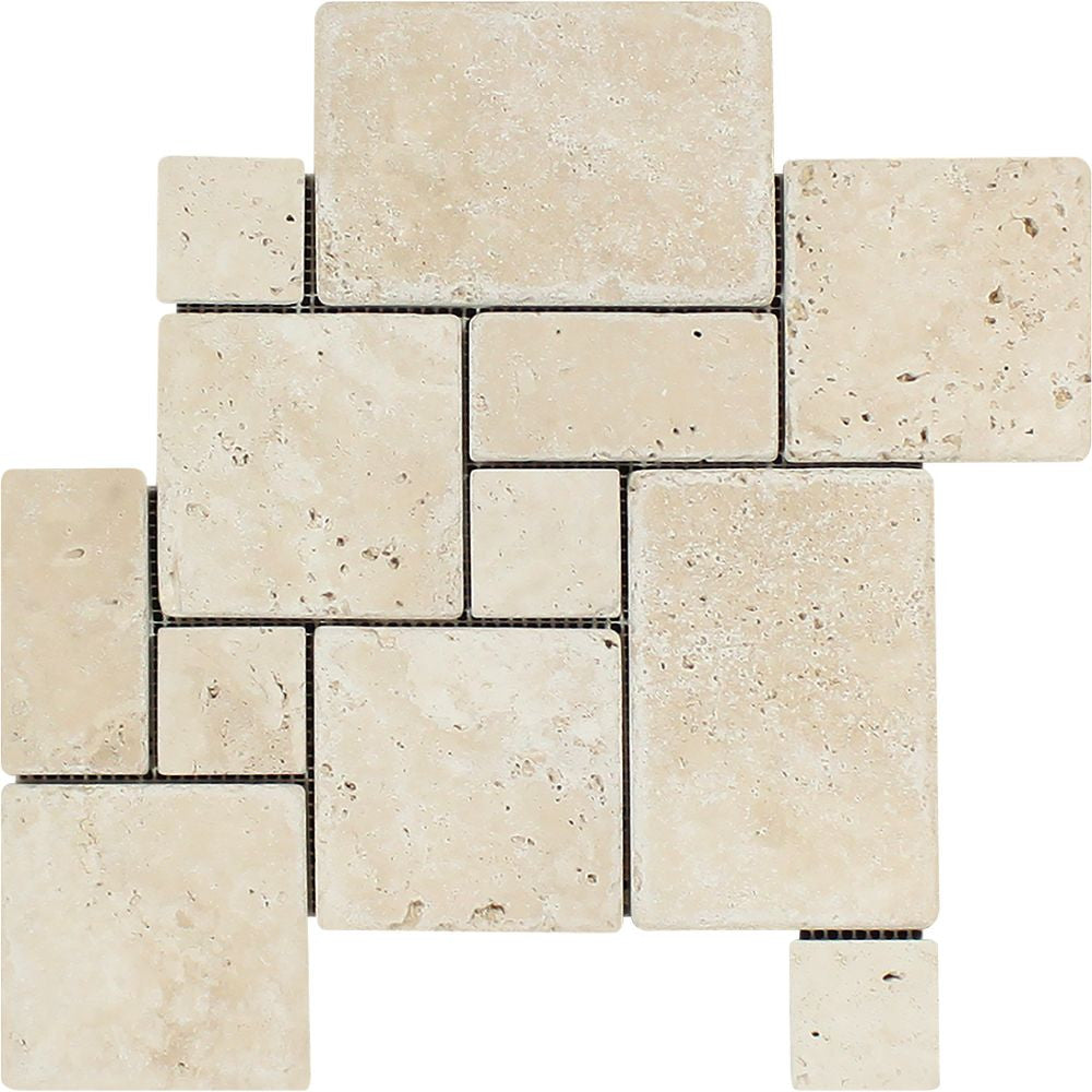 Ivory Tumbled Travertine OPUS Mini Pattern Mosaic Tile (Interlocking) - Tilephile