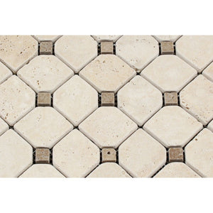 Ivory Tumbled Travertine Octagon Mosaic Tile w/ Noce Dots - Tilephile