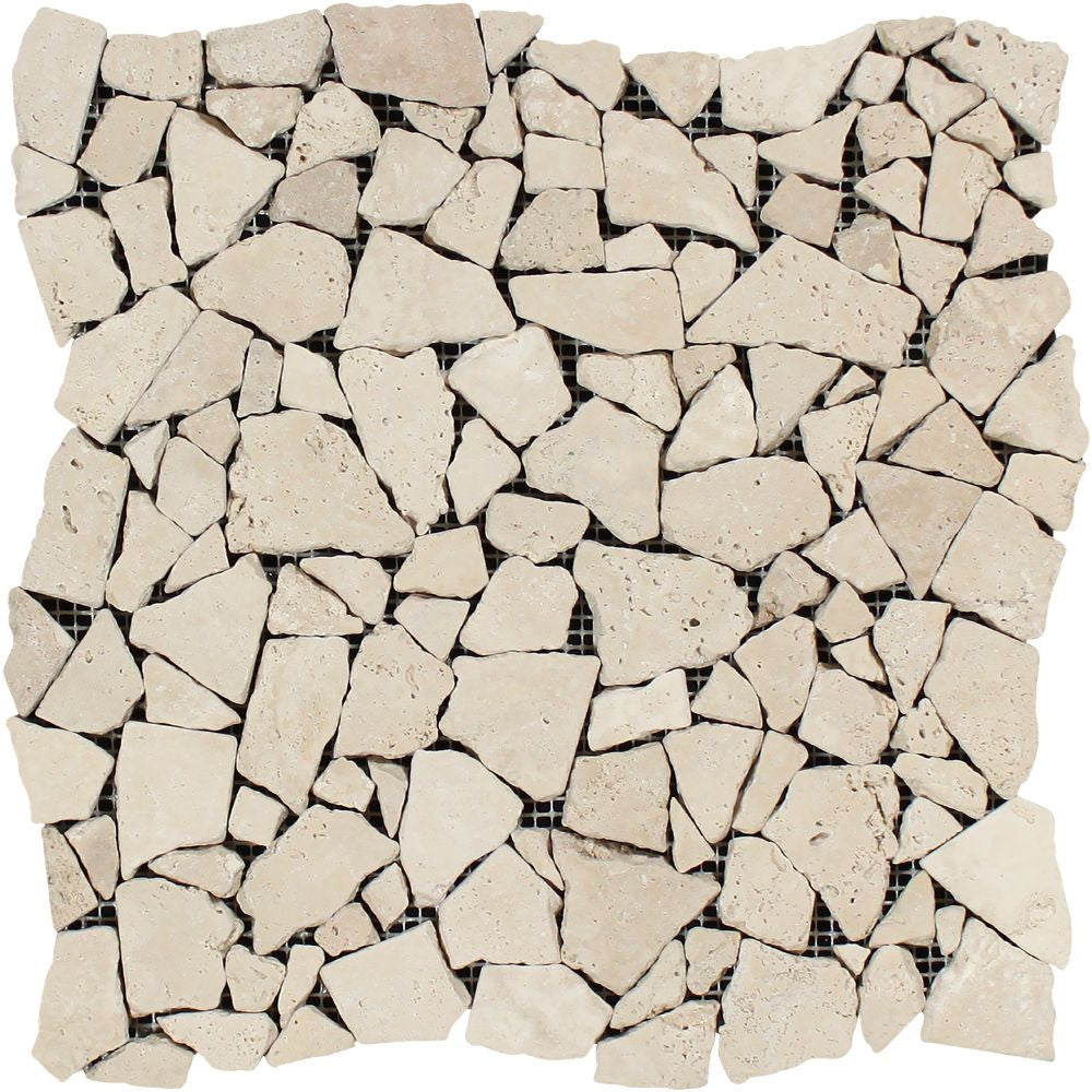 Ivory Tumbled Travertine Random Broken Mosaic Tile Sample - Tilephile