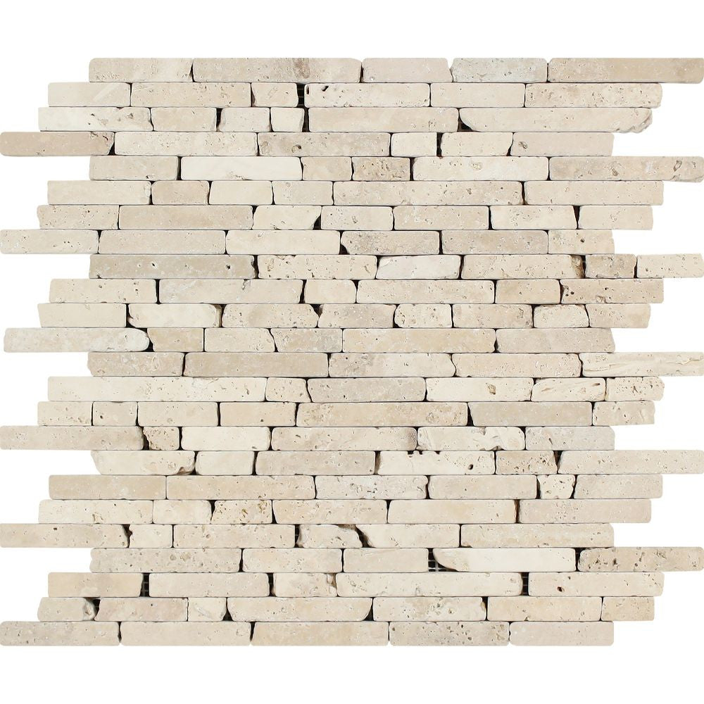 Ivory Tumbled Travertine Random Strip Mosaic Tile - Tilephile