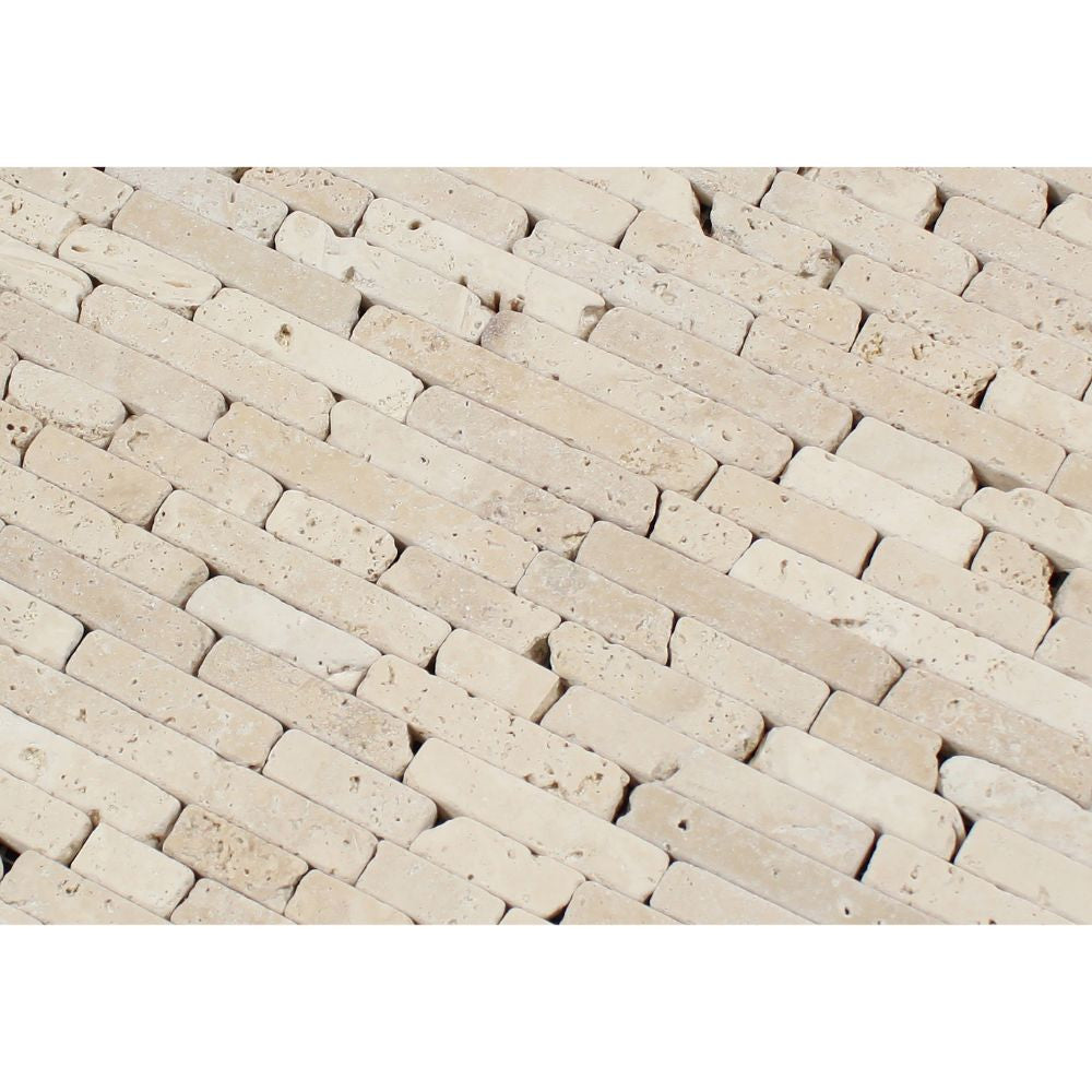 Ivory Tumbled Travertine Random Strip Mosaic Tile - Tilephile