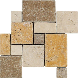 Mixed  Travertine Tumbled OPUS Mini Pattern Mosaic Tile (Interlocking) (Ivory + Noce + Gold) - Tilephile
