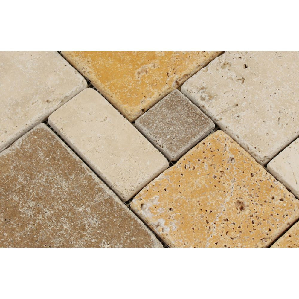 Mixed  Travertine Tumbled OPUS Mini Pattern Mosaic Tile (Interlocking) (Ivory + Noce + Gold) - Tilephile