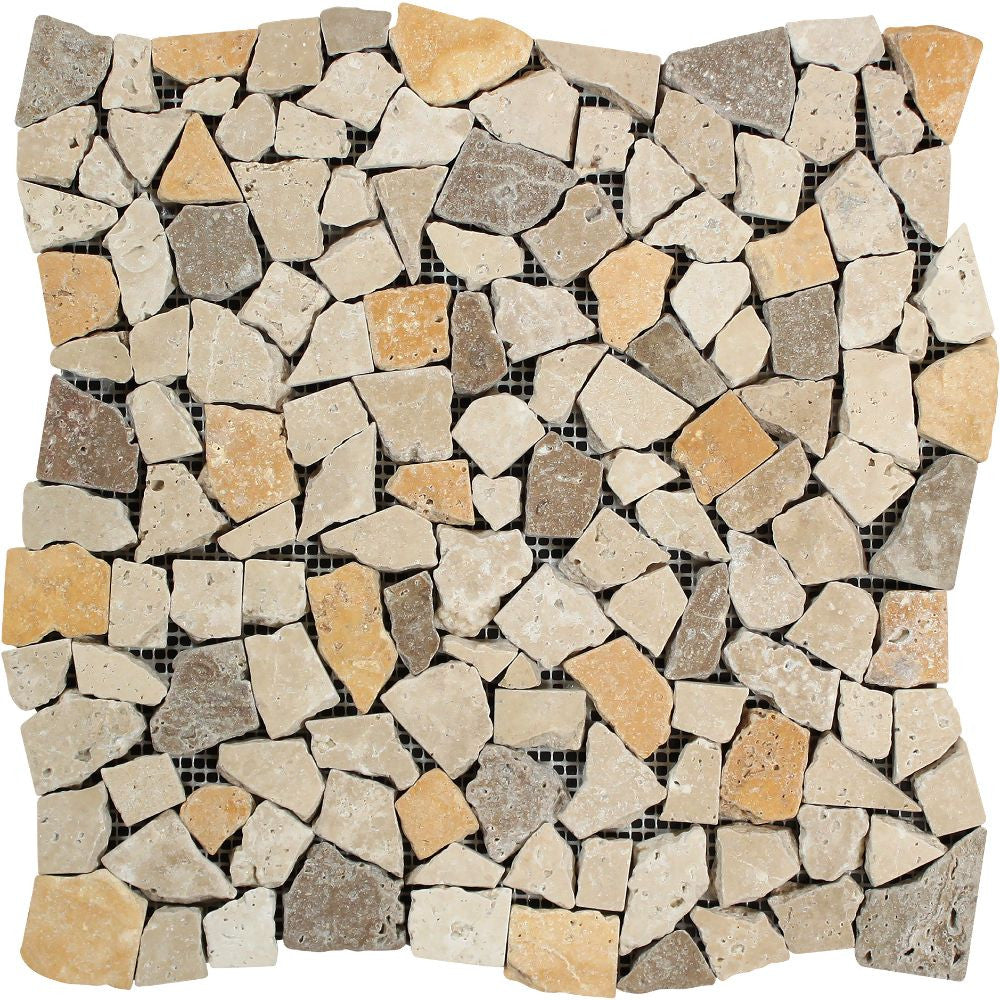 Mixed Travertine Tumbled Random Broken Mosaic Tile (Ivory + Noce + Gold) - Tilephile