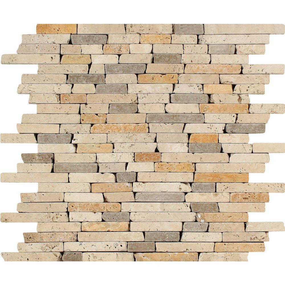 Mixed Travertine Tumbled Random Strip Mosaic Tile (Ivory + Noce + Gold) - Tilephile