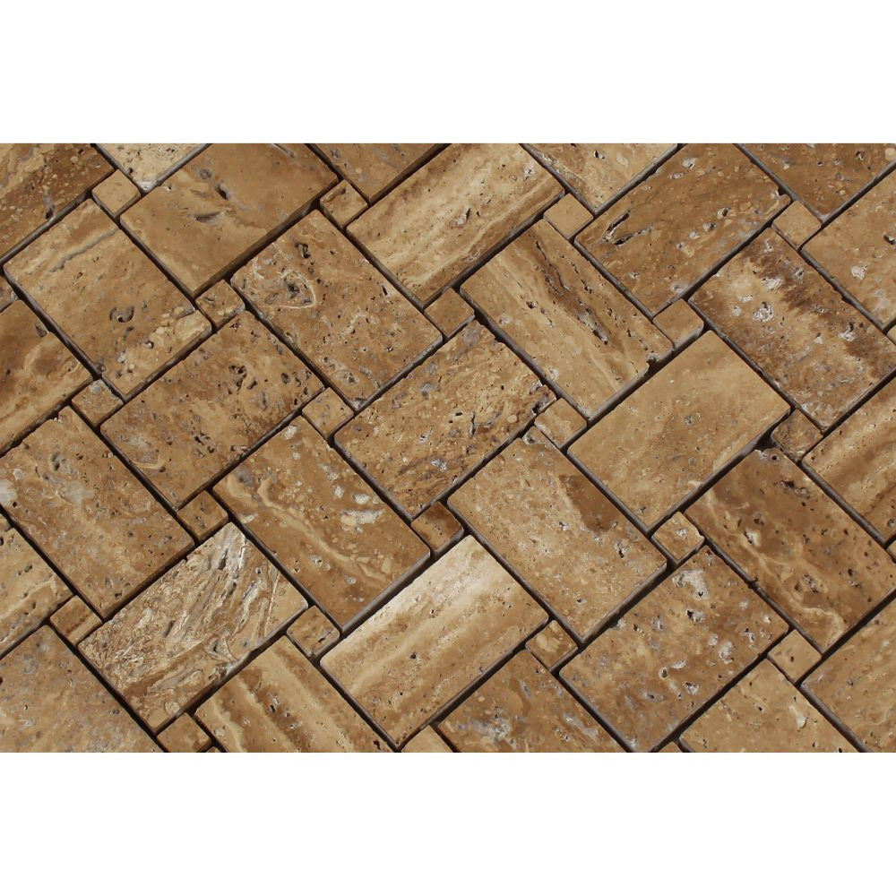 Noce Exotic (Vein-Cut) Unfilled, Brushed Travertine Basketweave Mosaic Tile - Tilephile