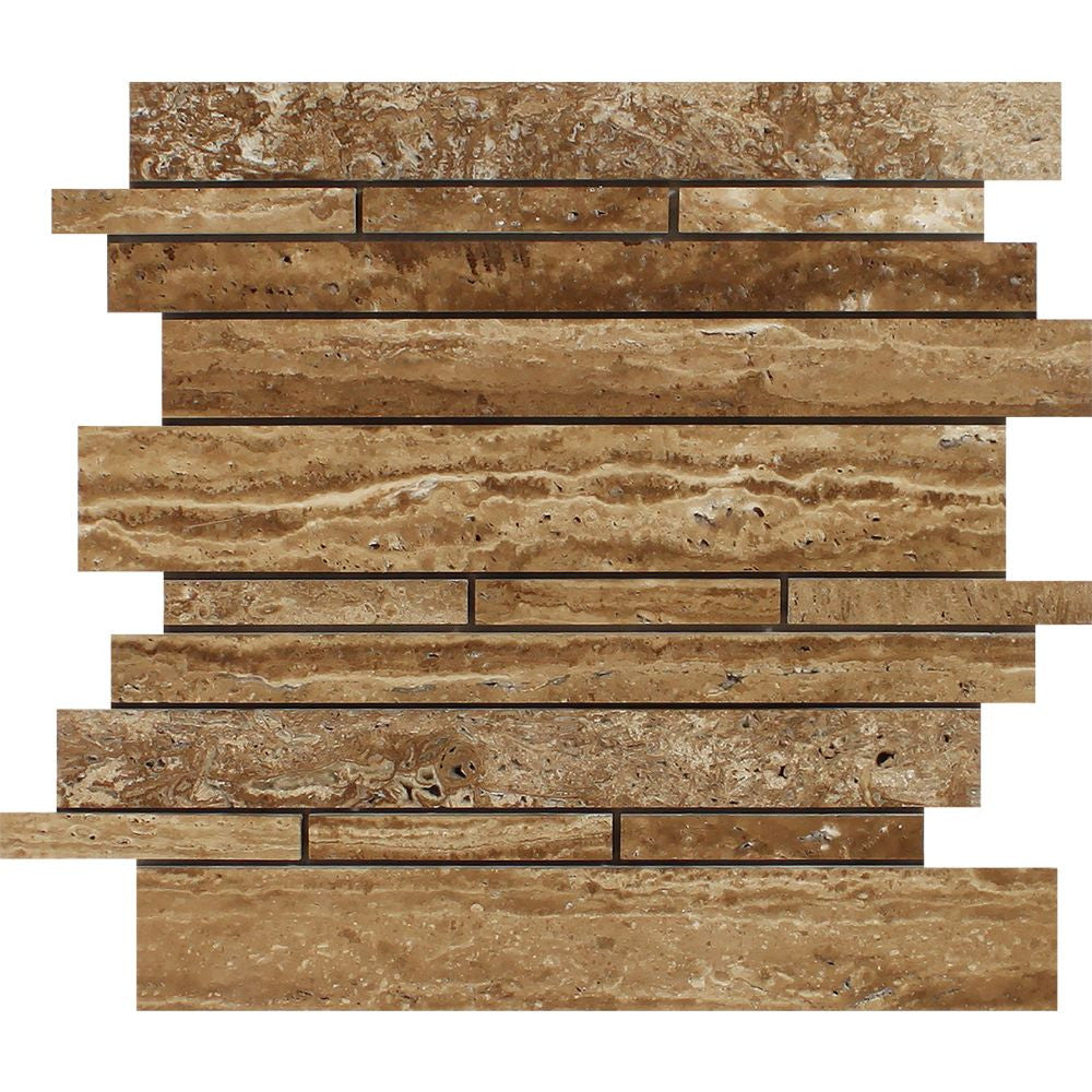 Noce Exotic (Vein-Cut) Unfilled, Brushed Travertine Random Strip Mosaic Tile - Tilephile