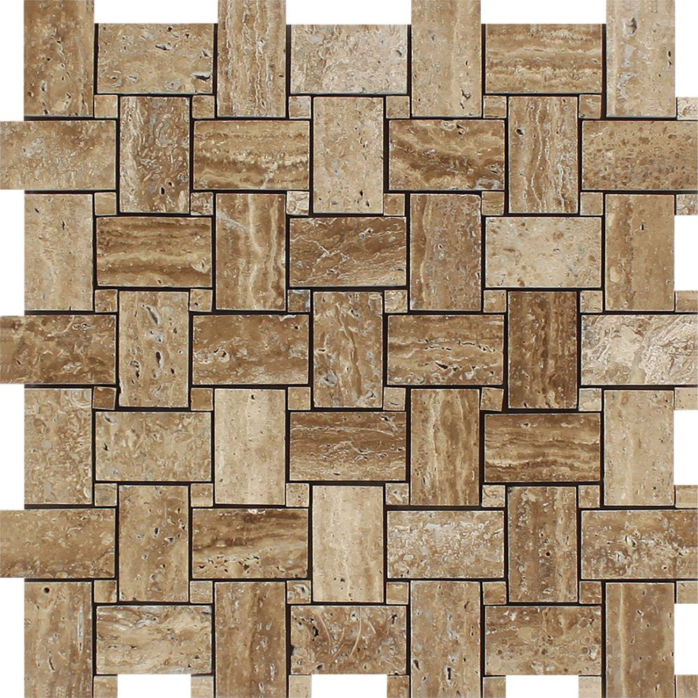 Noce Exotic (Vein-Cut) Unfilled, Polished Travertine Basketweave Mosaic Tile Sample - Tilephile