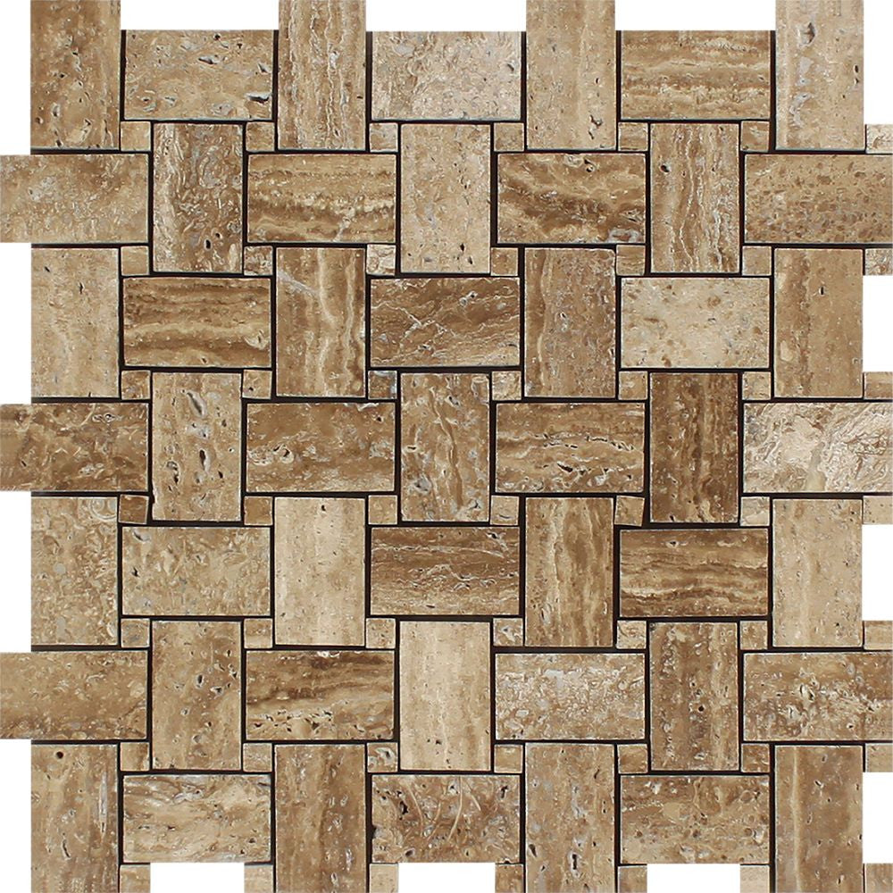 Noce Exotic (Vein-Cut) Unfilled, Polished Travertine Basketweave Mosaic Tile - Tilephile