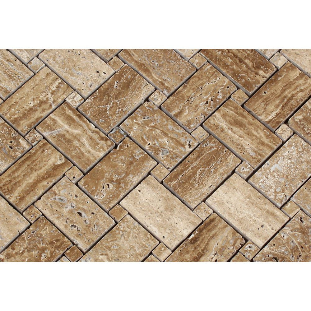 Noce Exotic (Vein-Cut) Unfilled, Polished Travertine Basketweave Mosaic Tile - Tilephile