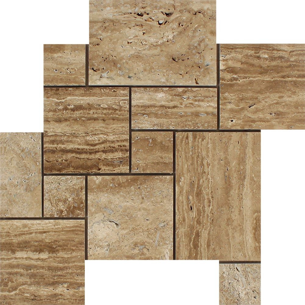 Noce Exotic (Vein-Cut) Unfilled, Polished Travertine OPUS Mini Pattern Mosaic Tile (Interlocking) - Tilephile