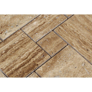 Noce Exotic (Vein-Cut) Unfilled, Polished Travertine OPUS Mini Pattern Mosaic Tile (Interlocking) - Tilephile