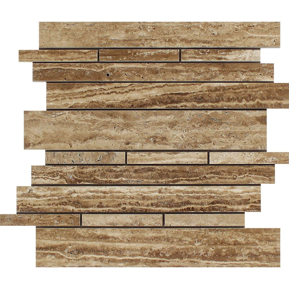 Noce Exotic (Vein-Cut) Unfilled, Polished Travertine Random Strip Mosaic Tile - Tilephile