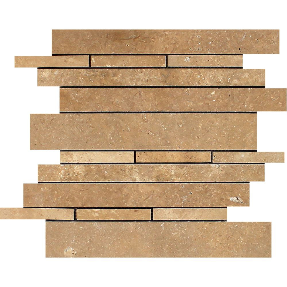 Noce Honed Travertine Random Strip Mosaic Tile - Tilephile