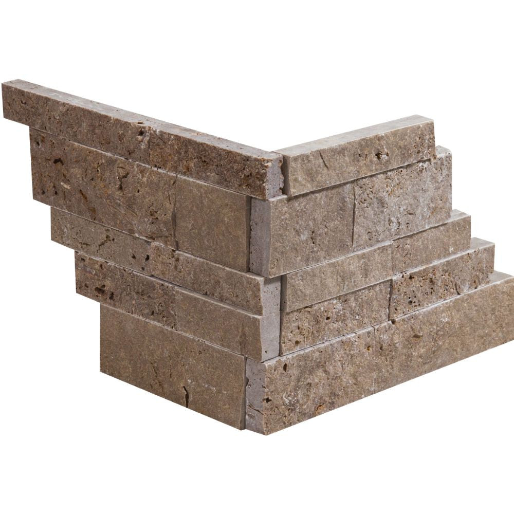 Noce Split-faced Travertine Ledger Panel Corner - Tilephile