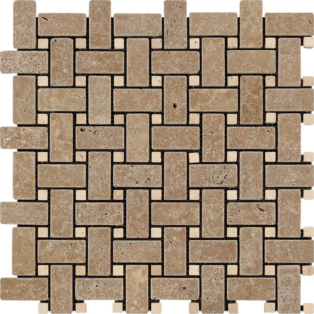 Noce Tumbled Travertine Basketweave Mosaic Tile w/ Ivory Dots Sample - Tilephile