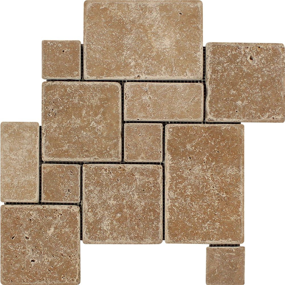 Noce Tumbled Travertine OPUS Mini Pattern Mosaic Tile (Interlocking) Sample - Tilephile