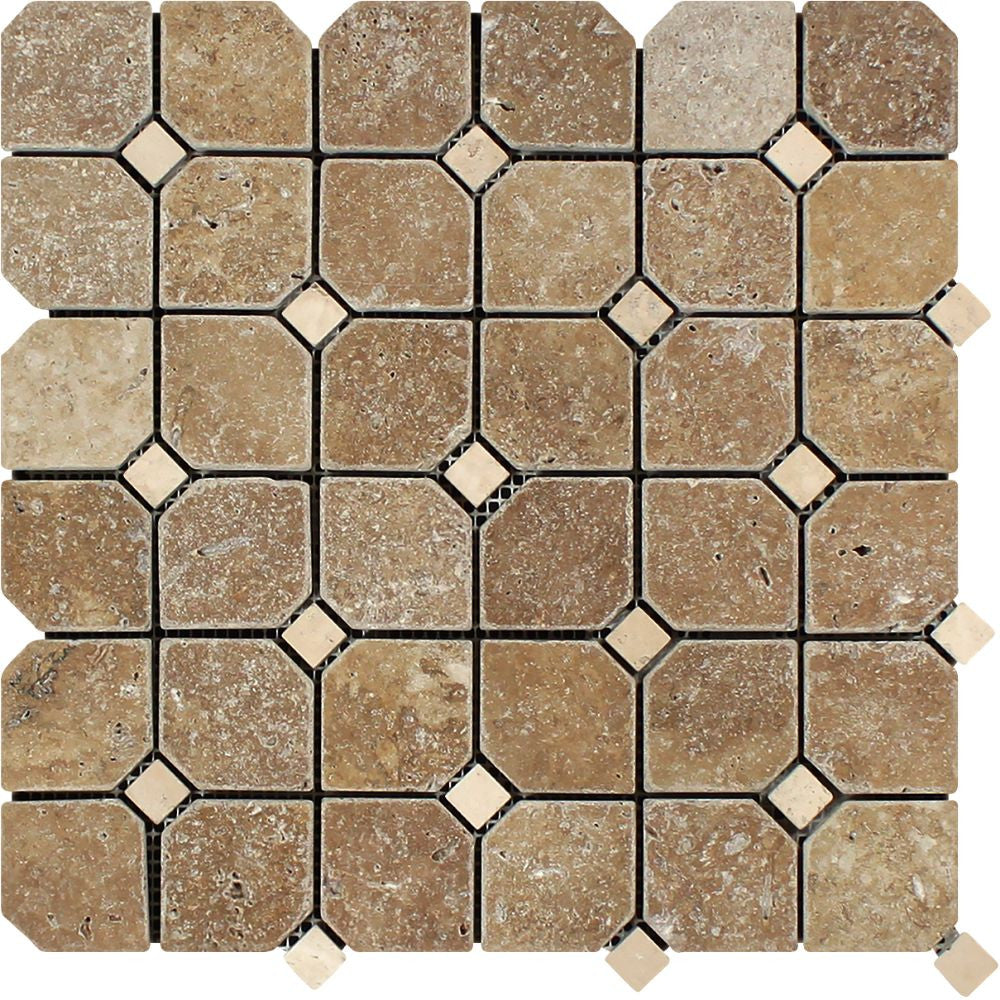 Noce Tumbled Travertine Octagon Mosaic Tile w/ Ivory Dots - Tilephile