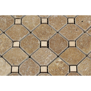 Noce Tumbled Travertine Octagon Mosaic Tile w/ Ivory Dots - Tilephile