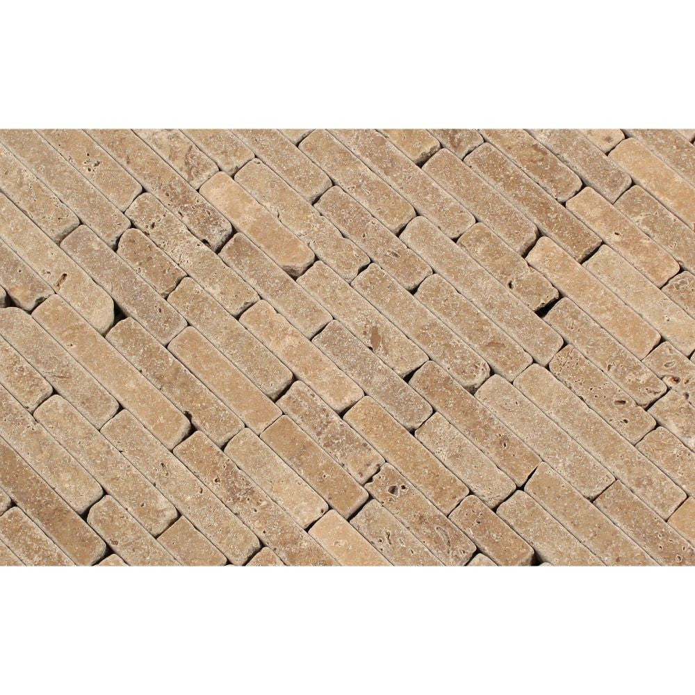Noce Tumbled Travertine Random Strip Mosaic Tile - Tilephile