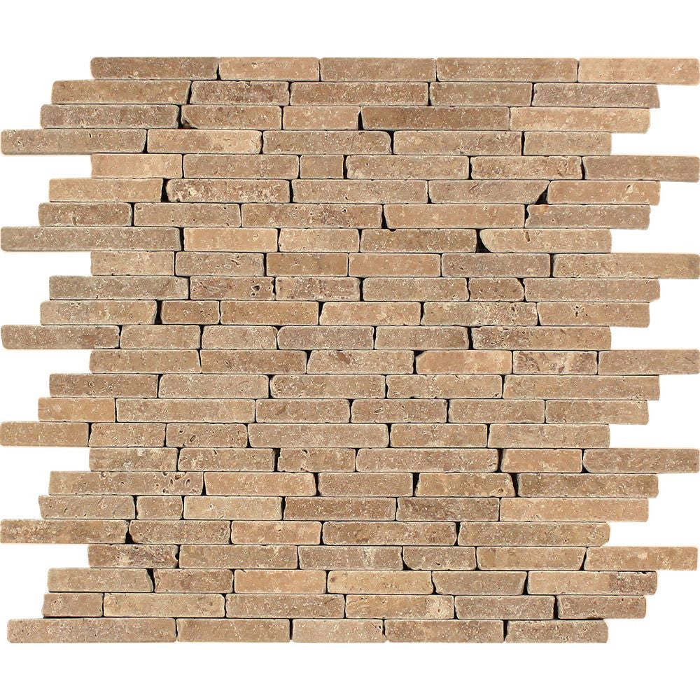 Noce Tumbled Travertine Random Strip Mosaic Tile - Tilephile