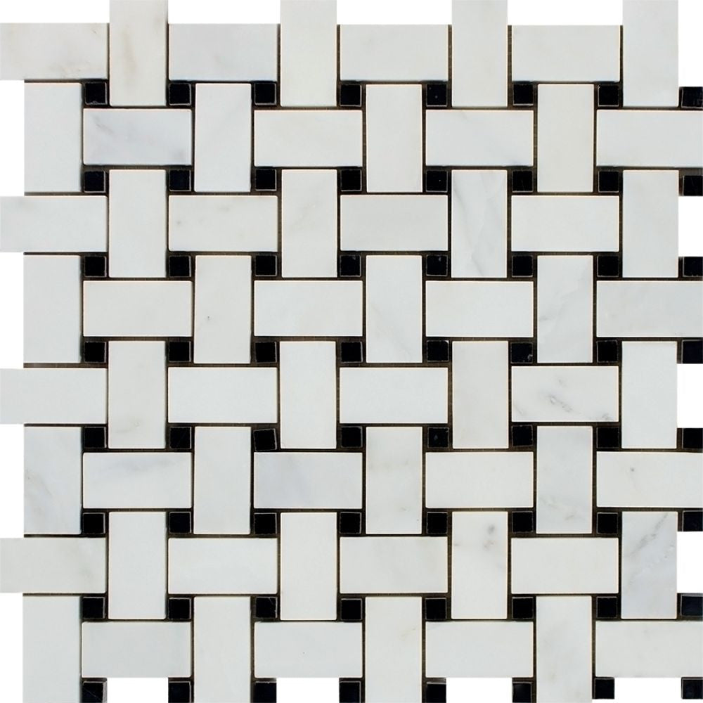 Oriental White Honed Marble Basketweave Mosaic Tile w/ Black Dots Sample - Tilephile