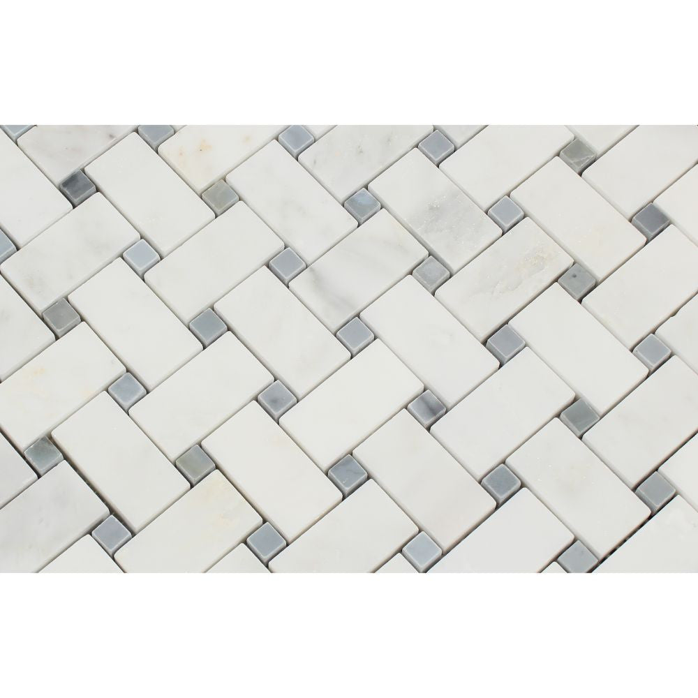 Oriental White Honed Marble Basketweave Mosaic Tile w/ Blue-Gray Dots - Tilephile