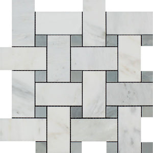 Oriental White Honed Marble Large Basketweave Mosaic Tile w/ Blue-Gray Dots - Tilephile