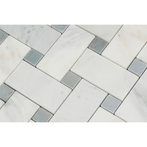Oriental White Honed Marble Large Basketweave Mosaic Tile w/ Blue-Gray Dots - Tilephile