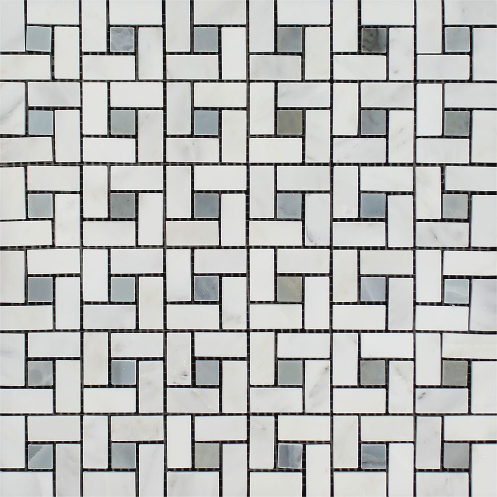 Oriental White Honed Marble Mini Pinwheel Mosaic Tile w/ Blue-Gray Dots Sample - Tilephile