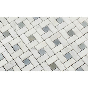 Oriental White Honed Marble Mini Pinwheel Mosaic Tile w/ Blue-Gray Dots - Tilephile