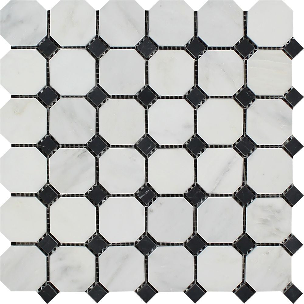 Oriental White Honed Marble Octagon Mosaic Tile w/ Black Dots Sample - Tilephile
