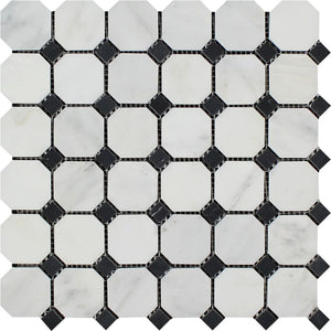 Oriental White Honed Marble Octagon Mosaic Tile w/ Black Dots - Tilephile