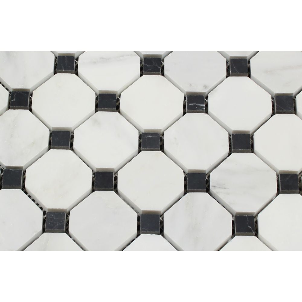 Oriental White Honed Marble Octagon Mosaic Tile w/ Black Dots - Tilephile