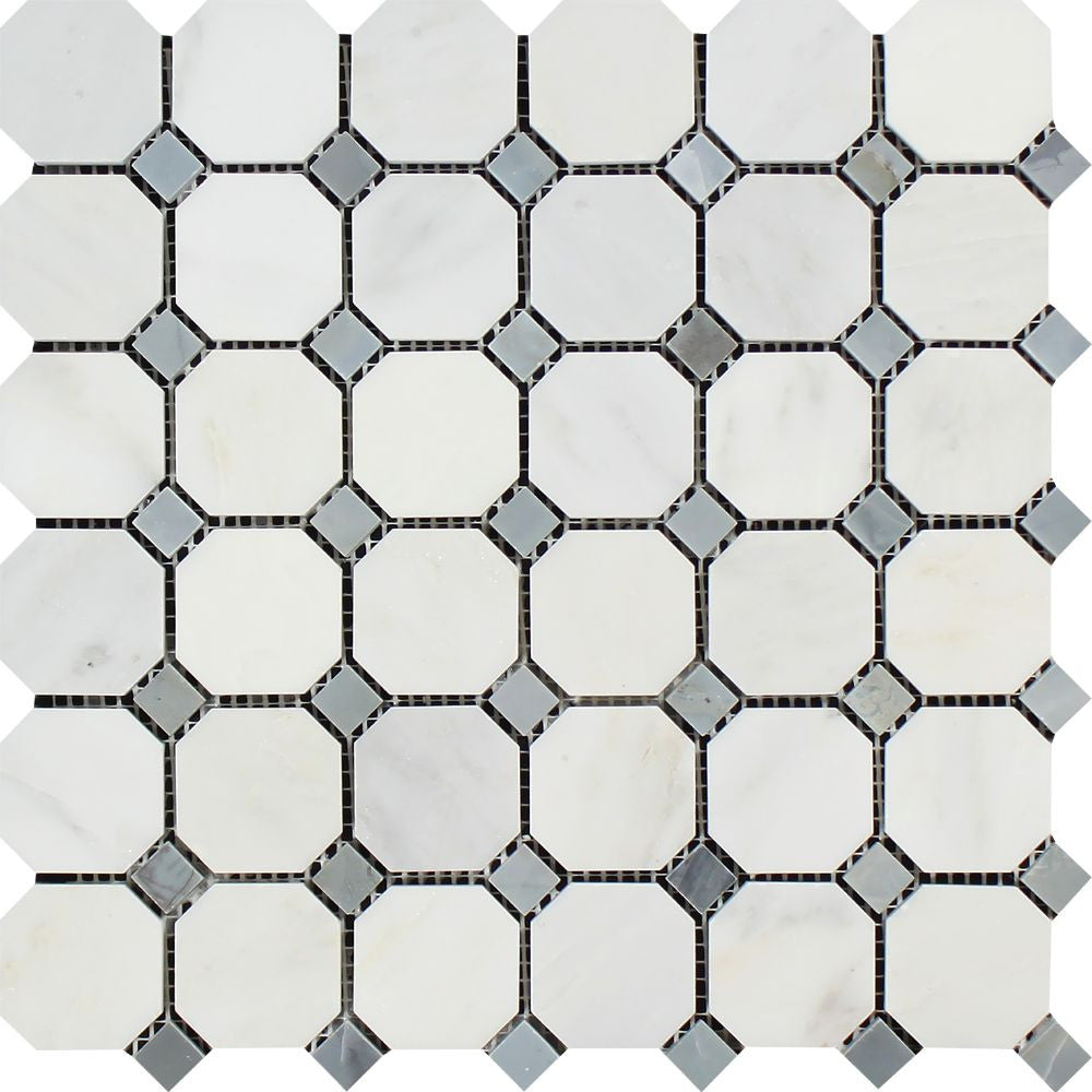 Oriental White Honed Marble Octagon Mosaic Tile w/ Blue-Gray Dots Sample - Tilephile
