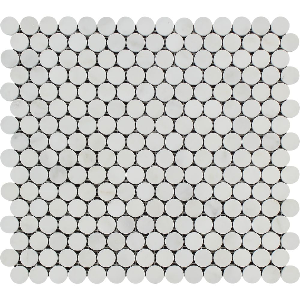 Oriental White Honed Marble Penny Round Mosaic Tile - Tilephile