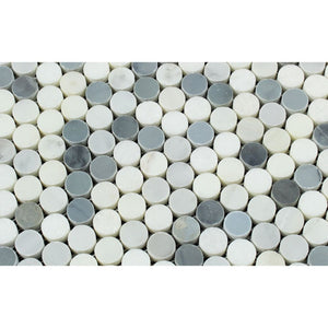 Oriental White Honed Marble Penny Round Mosaic Tile (Oriental White + Thassos + Blue) - Tilephile