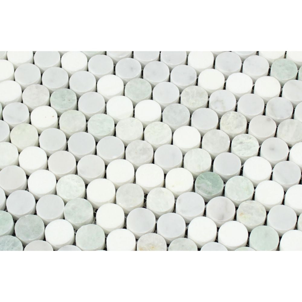 Oriental White Honed Marble Penny Round Mosaic Tile (Oriental White + Thassos + Ming Green) - Tilephile