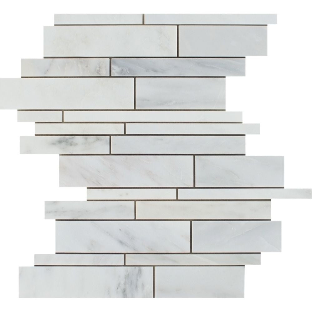 Oriental White Honed Marble Random Strip Mosaic Tile - Tilephile
